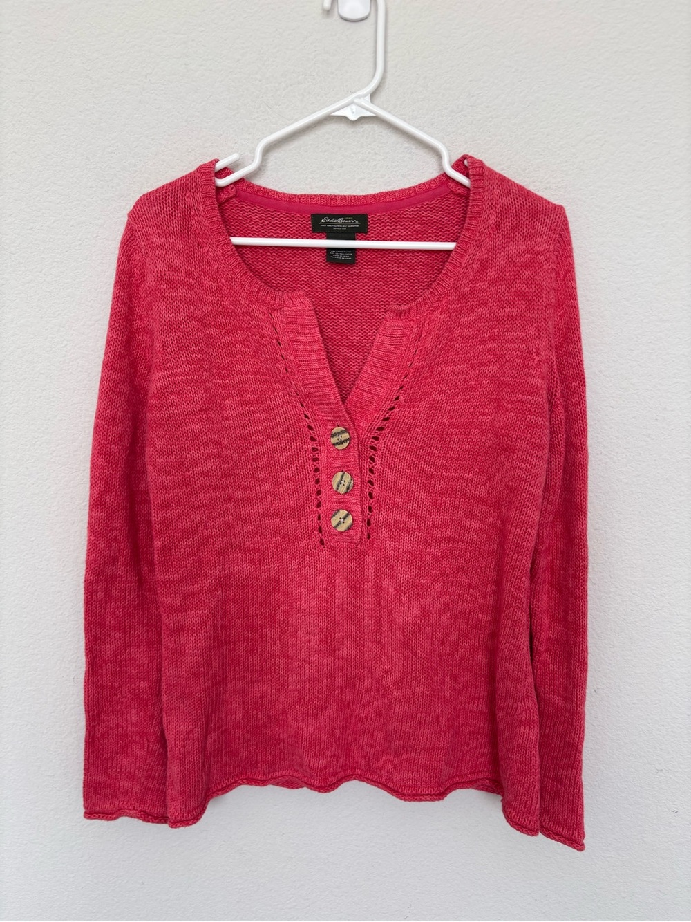 Eddie Bauer Coral Knit Long Sleeve Henley Pullover Sweater Top Medium Button